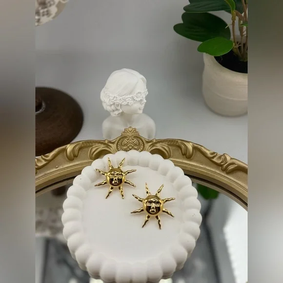 Gold Sun Face Statement Earrings – Artistic Celestial Jewelry - Picture 3 of 5